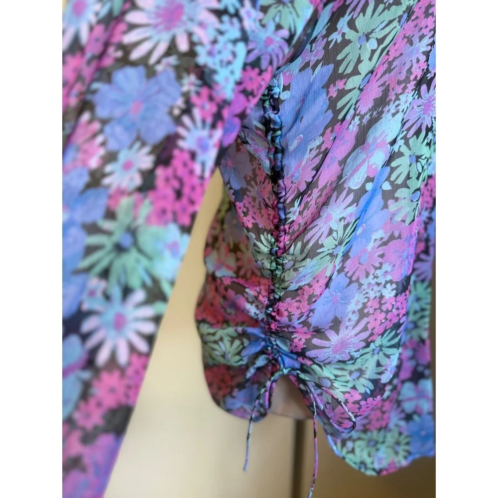 Free People Floral Ruched Side‎ Button Down Shirt  Purple Blue Small boho whimsi